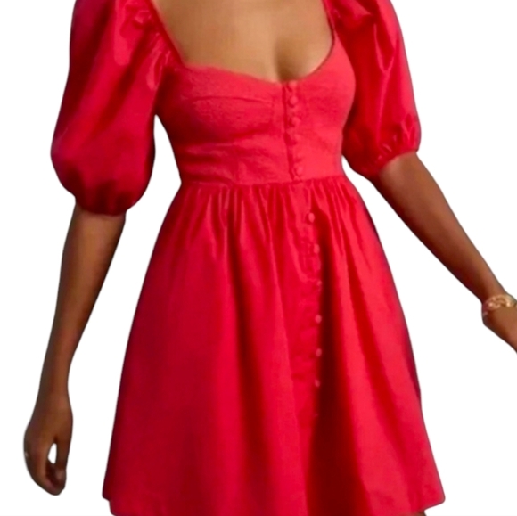 Anthropologie Maeve Sweetheart Dress Red Puffed Slv Smocked Button Close SM FLAW - Picture 6 of 16
